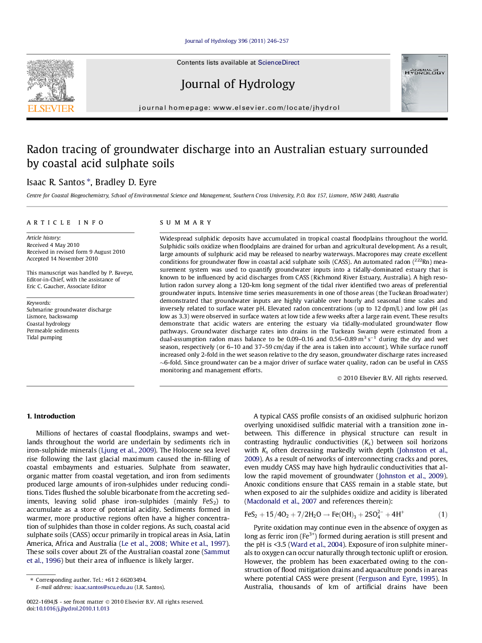 Radon tracing of groundwater discharge into an Australian estuary surrounded by coastal acid sulphate soils