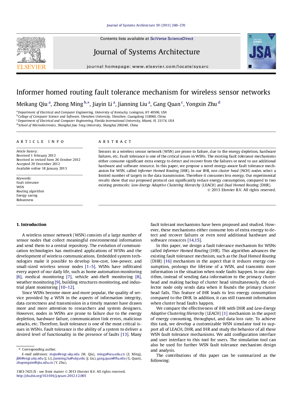 عکس صفحه اول مقاله: Informer homed routing fault tolerance mechanism for wireless sensor networks Informer homed routing fault tolerance mechanism for wireless sensor networks