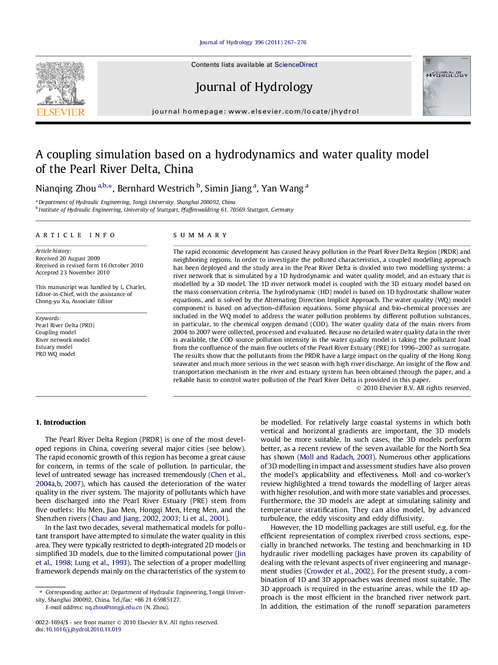 A coupling simulation based on a hydrodynamics and water quality model of the Pearl River Delta, China