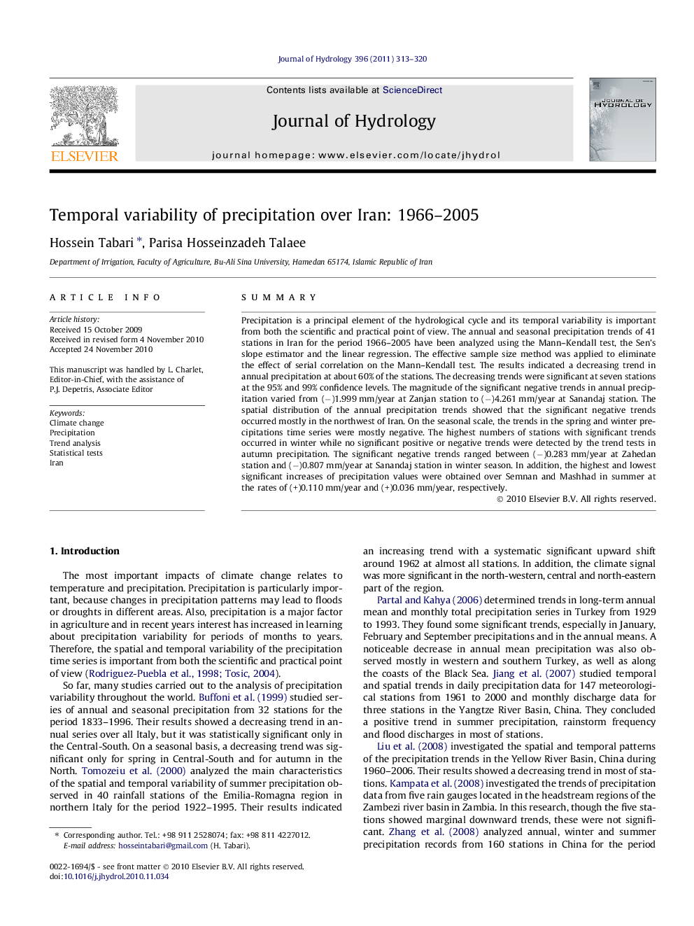 Temporal variability of precipitation over Iran: 1966–2005