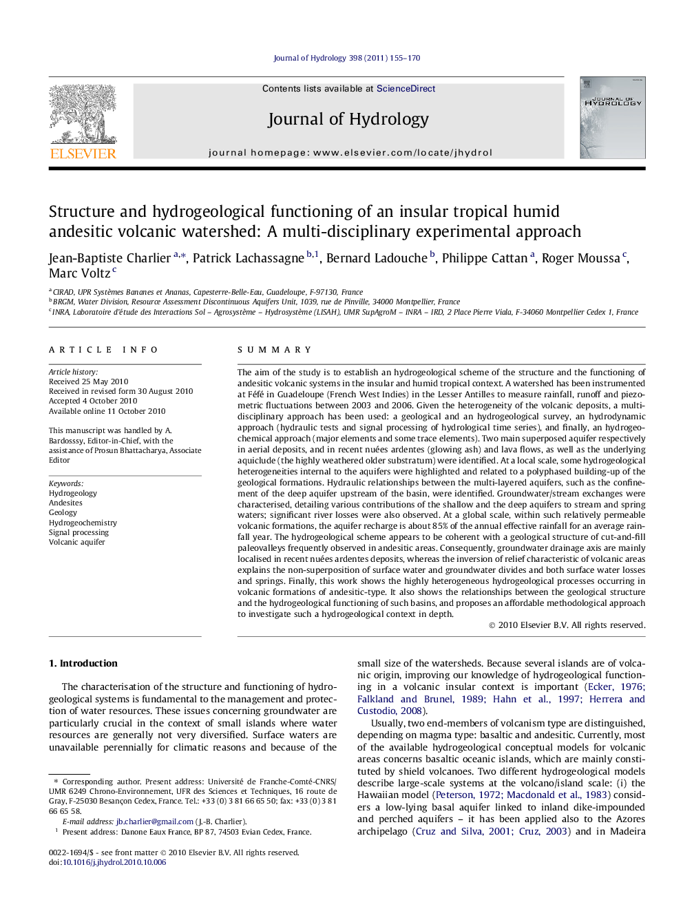 Structure and hydrogeological functioning of an insular tropical humid andesitic volcanic watershed: A multi-disciplinary experimental approach