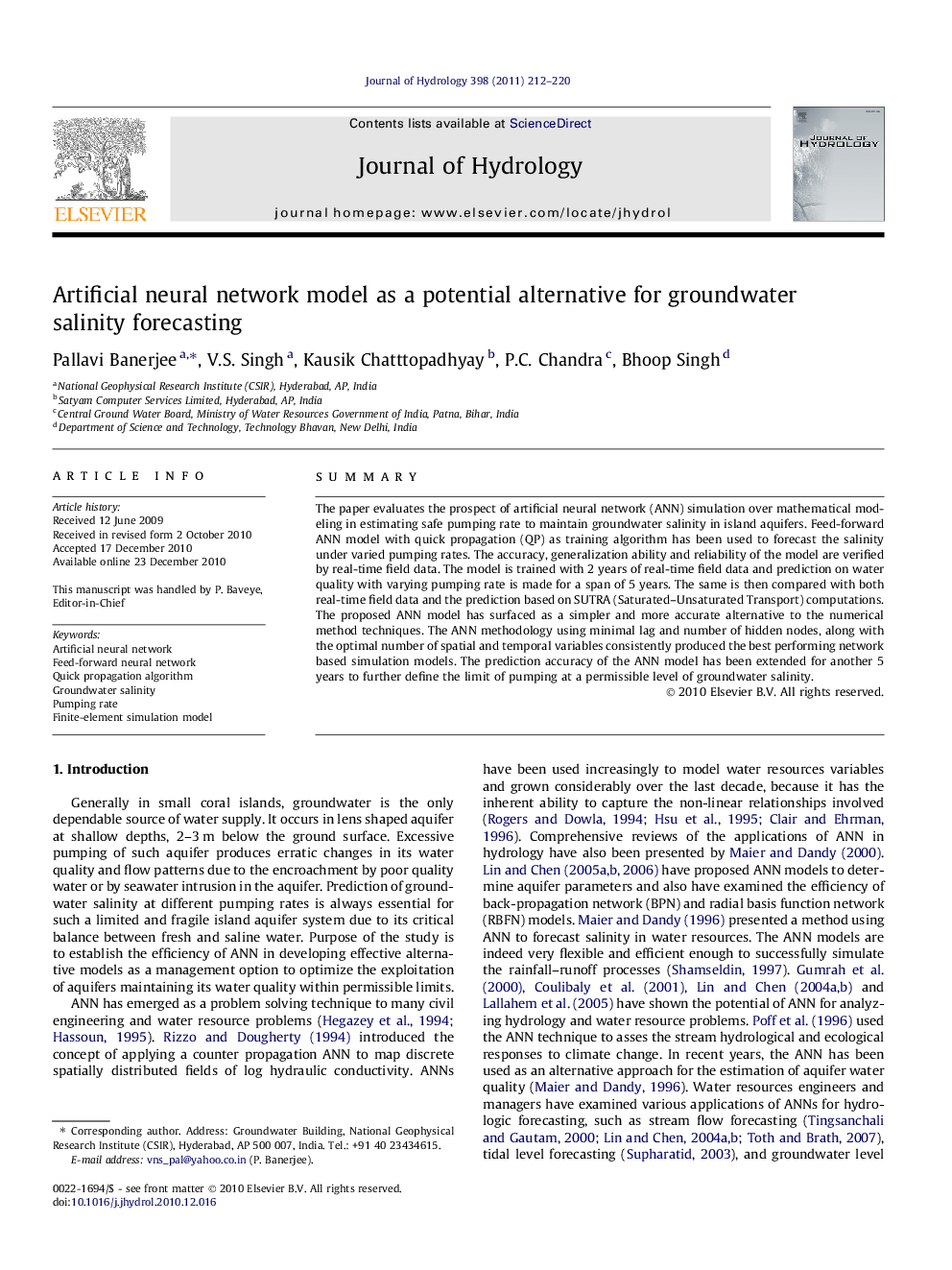 Artificial neural network model as a potential alternative for groundwater salinity forecasting