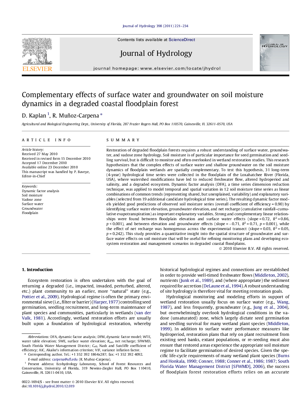 عکس صفحه اول مقاله: Complementary effects of surface water and groundwater on soil moisture dynamics in a degraded coastal floodplain forest Complementary effects of surface water and groundwater on soil moisture dynamics in a degraded coastal floodplain forest