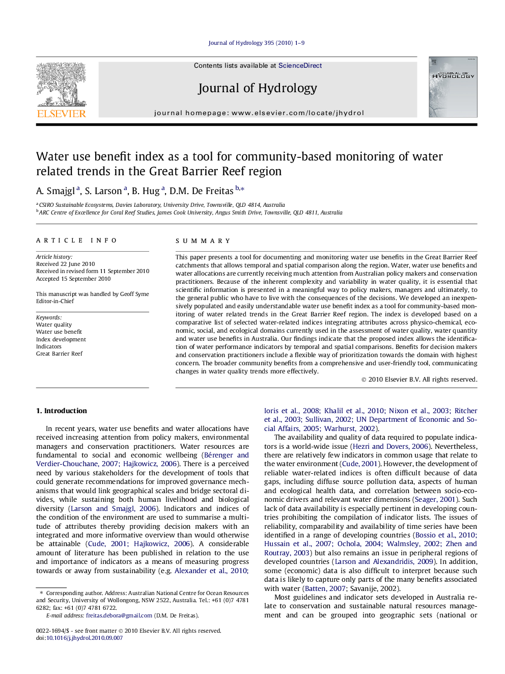 Water use benefit index as a tool for community-based monitoring of water related trends in the Great Barrier Reef region