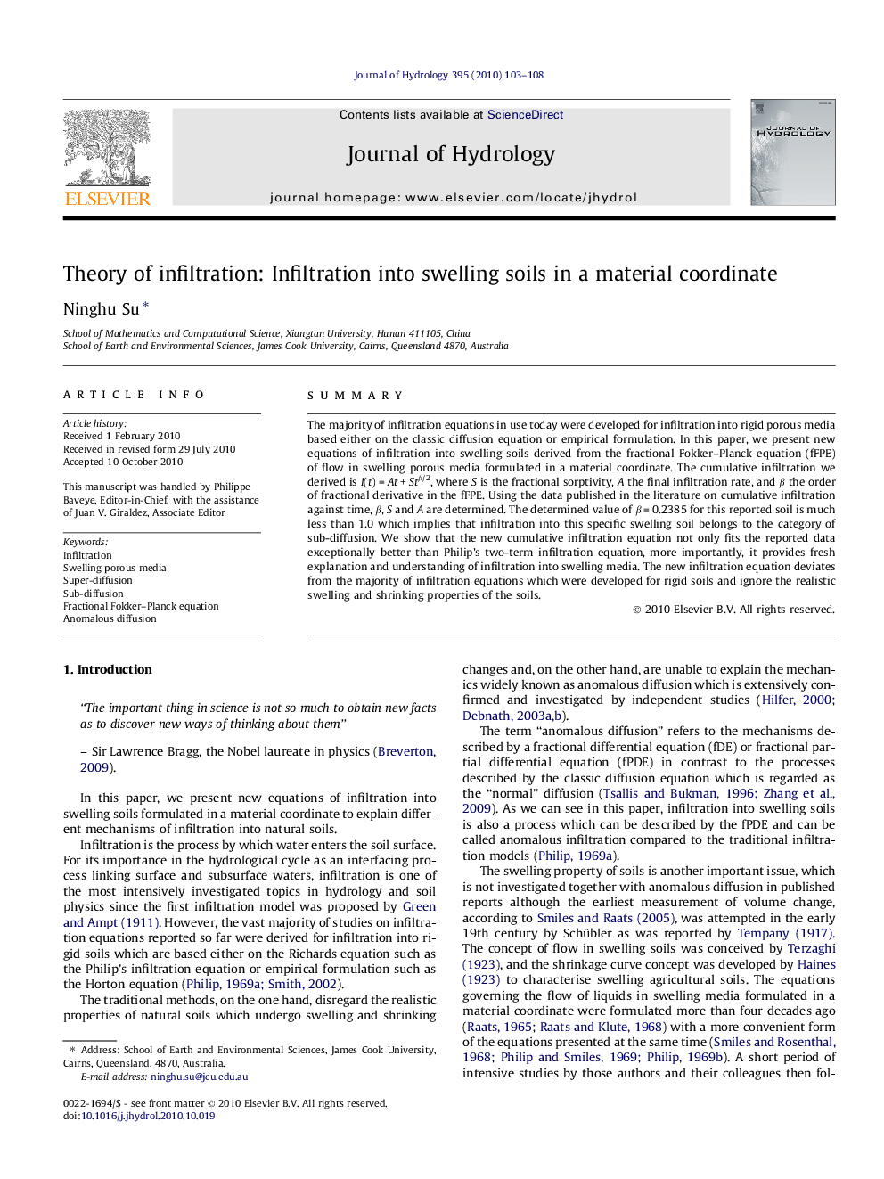 Theory of infiltration: Infiltration into swelling soils in a material coordinate