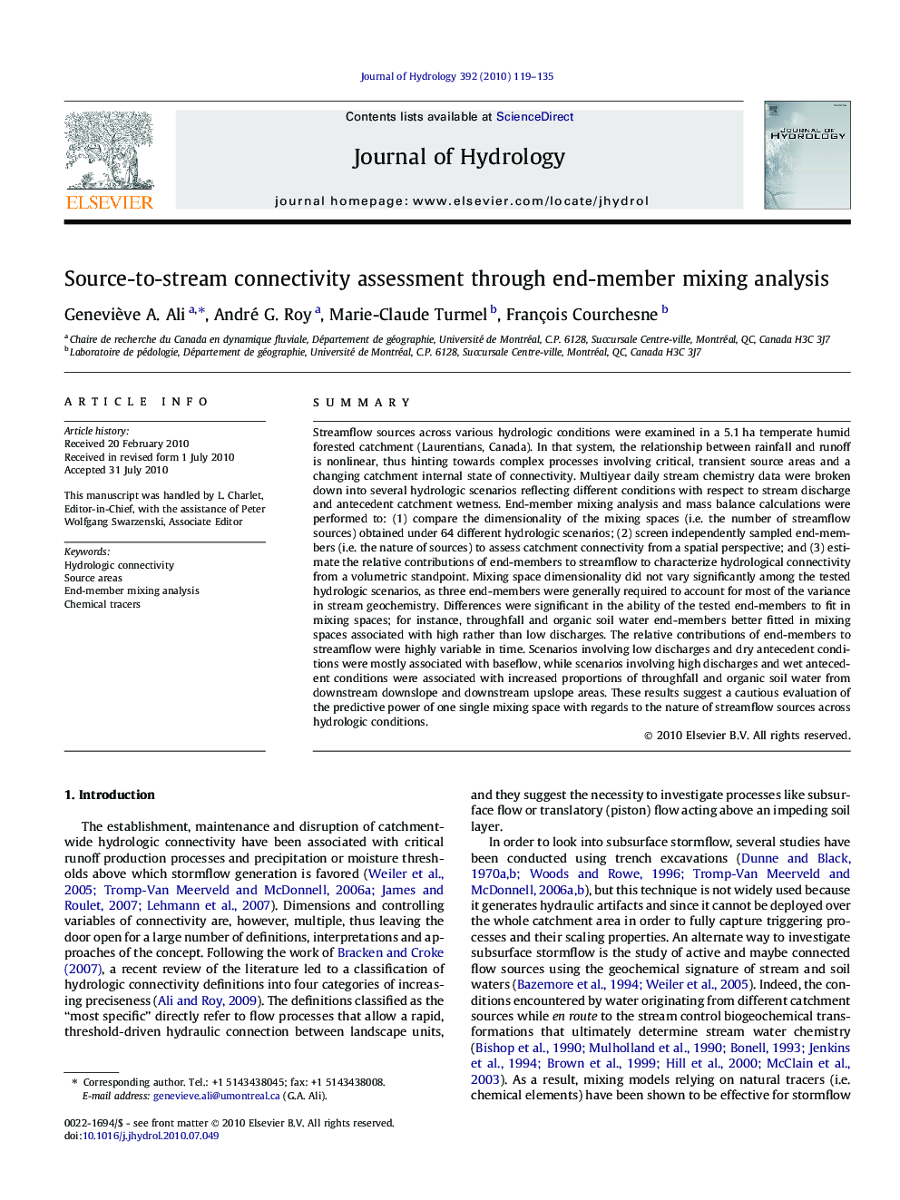 Source-to-stream connectivity assessment through end-member mixing analysis