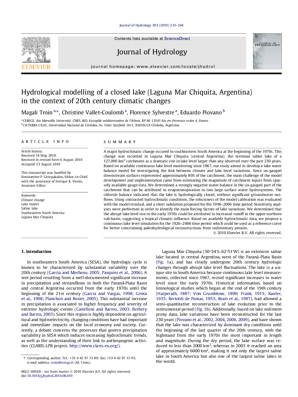 Hydrological modelling of a closed lake (Laguna Mar Chiquita, Argentina) in the context of 20th century climatic changes