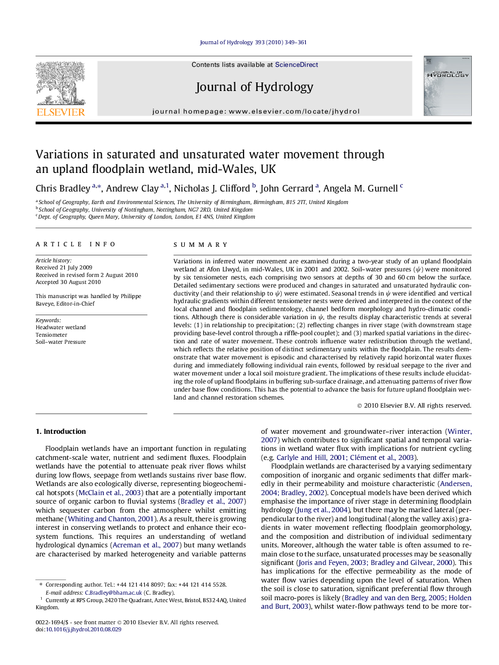 Variations in saturated and unsaturated water movement through an upland floodplain wetland, mid-Wales, UK