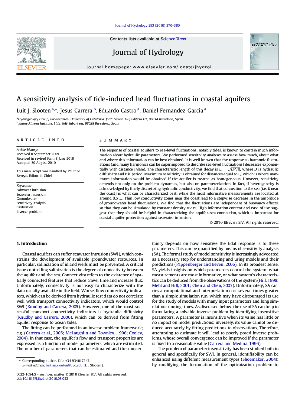 A sensitivity analysis of tide-induced head fluctuations in coastal aquifers