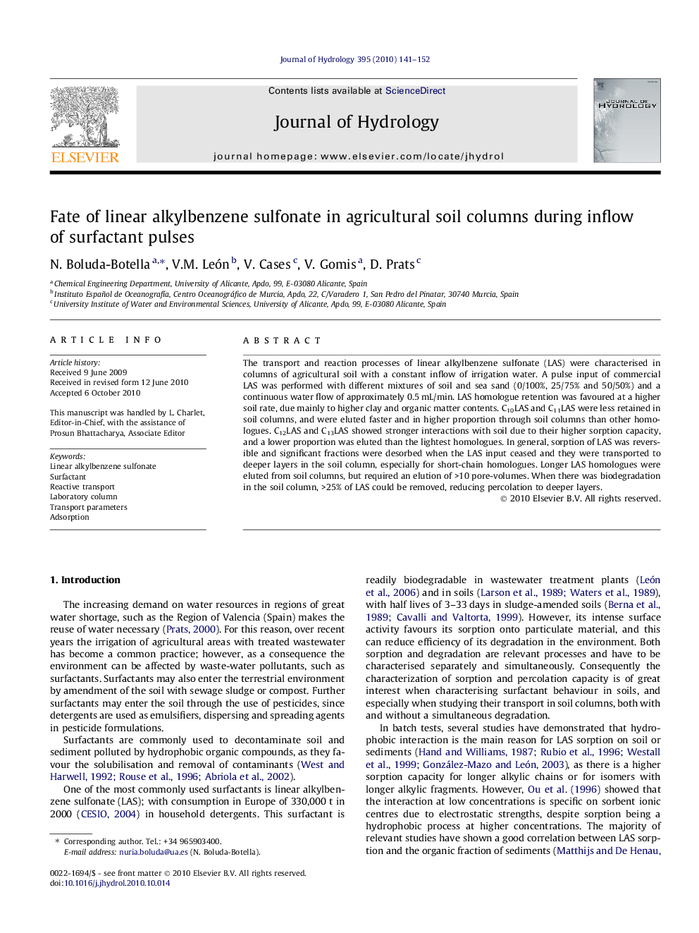 Fate of linear alkylbenzene sulfonate in agricultural soil columns during inflow of surfactant pulses