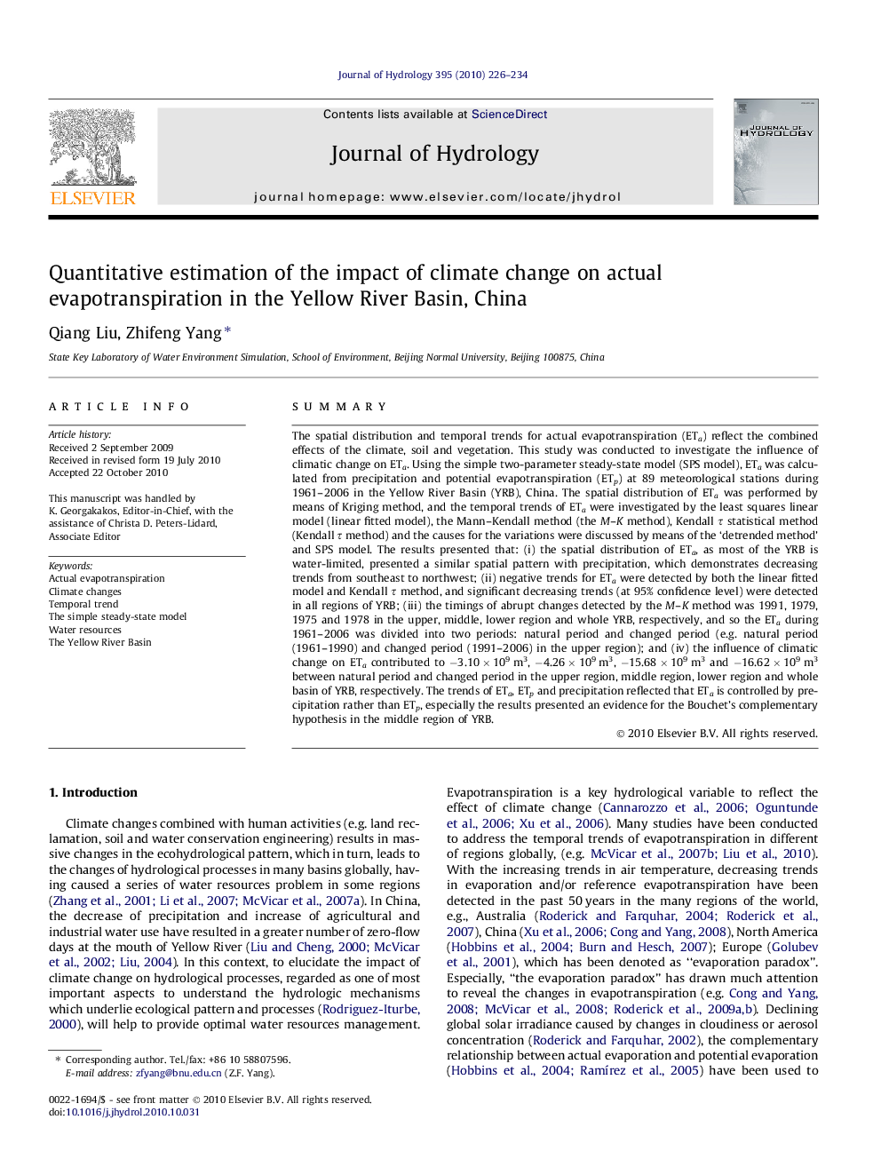 Quantitative estimation of the impact of climate change on actual evapotranspiration in the Yellow River Basin, China