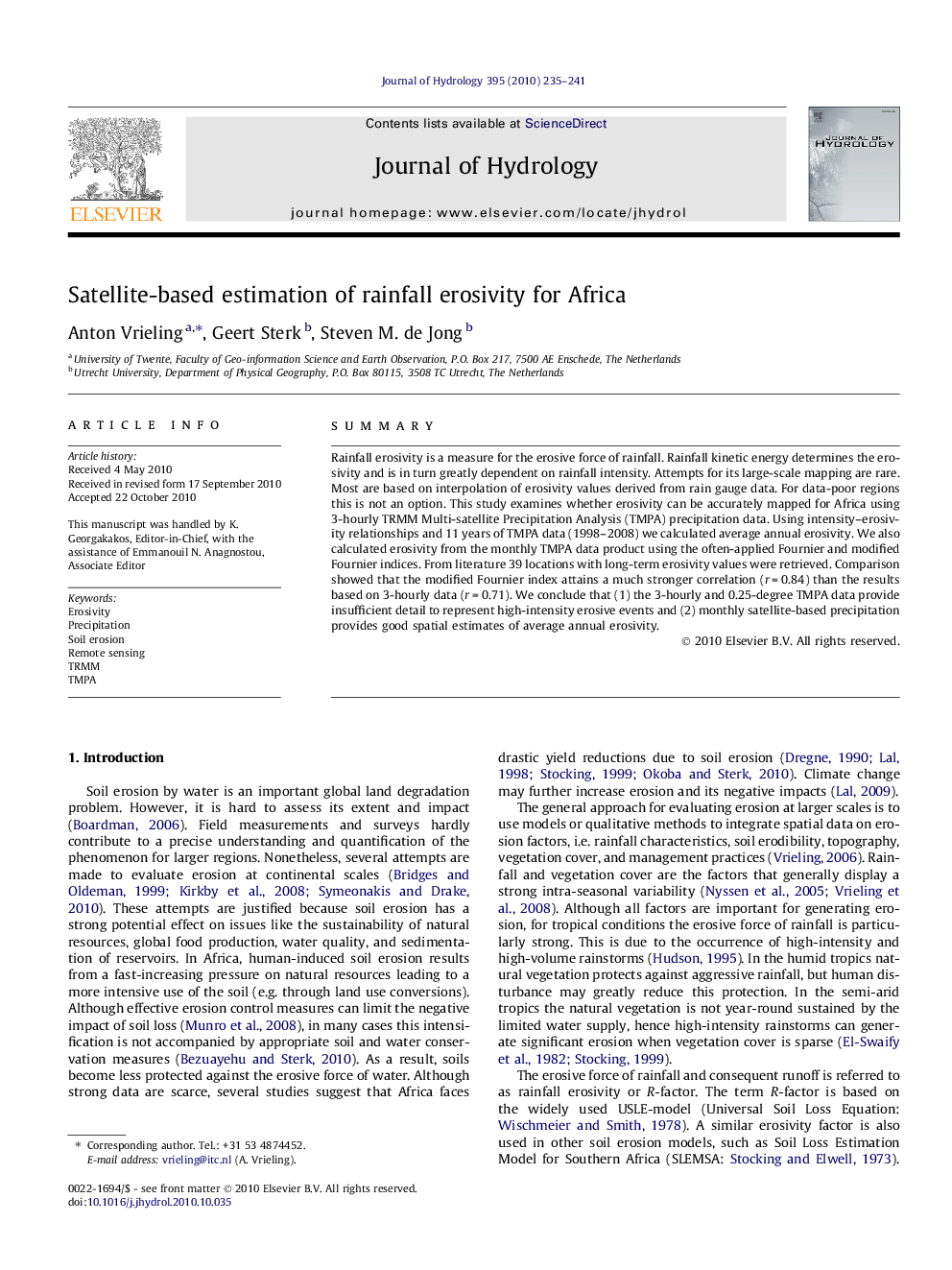 Satellite-based estimation of rainfall erosivity for Africa