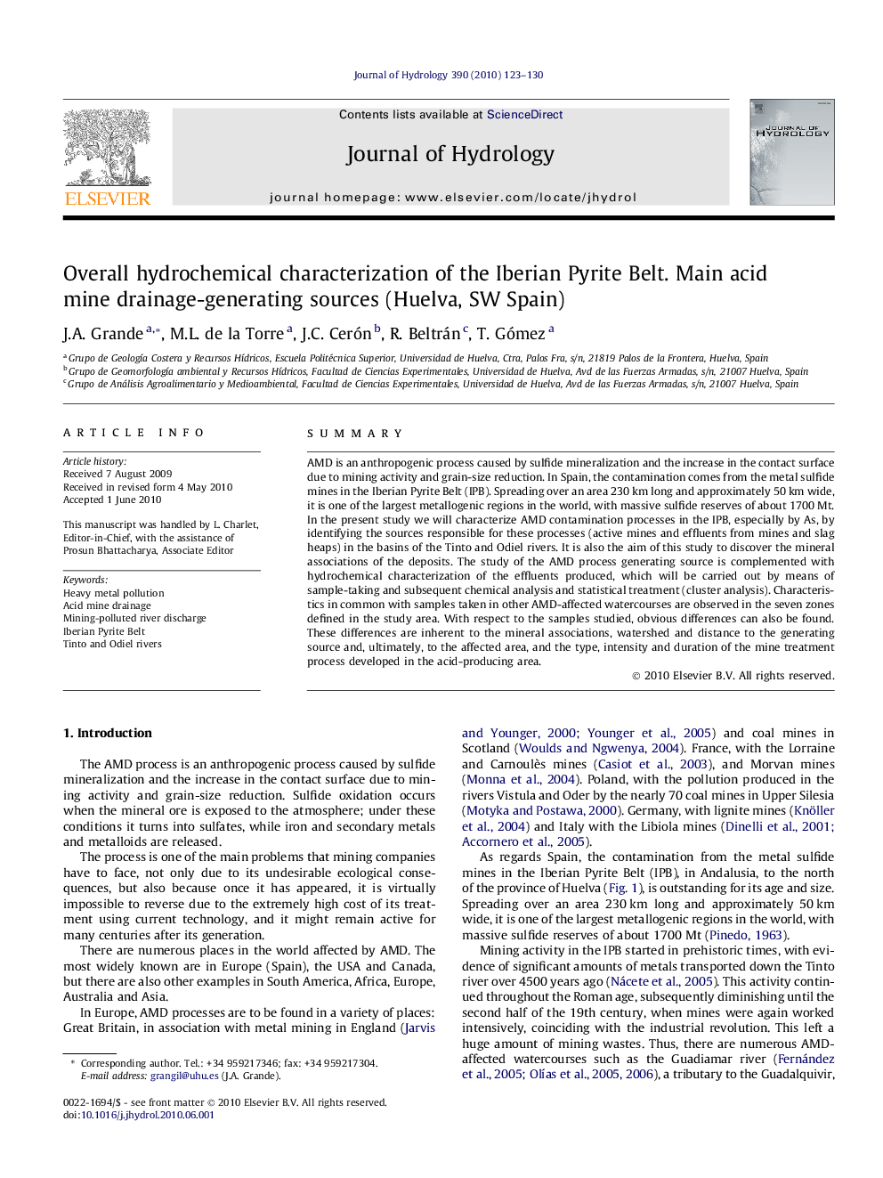 Overall hydrochemical characterization of the Iberian Pyrite Belt. Main acid mine drainage-generating sources (Huelva, SW Spain)