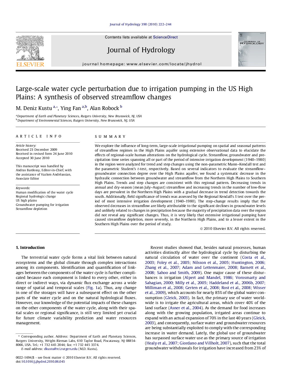 Large-scale water cycle perturbation due to irrigation pumping in the US High Plains: A synthesis of observed streamflow changes