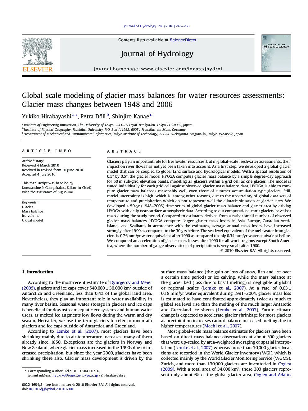 Global-scale modeling of glacier mass balances for water resources assessments: Glacier mass changes between 1948 and 2006