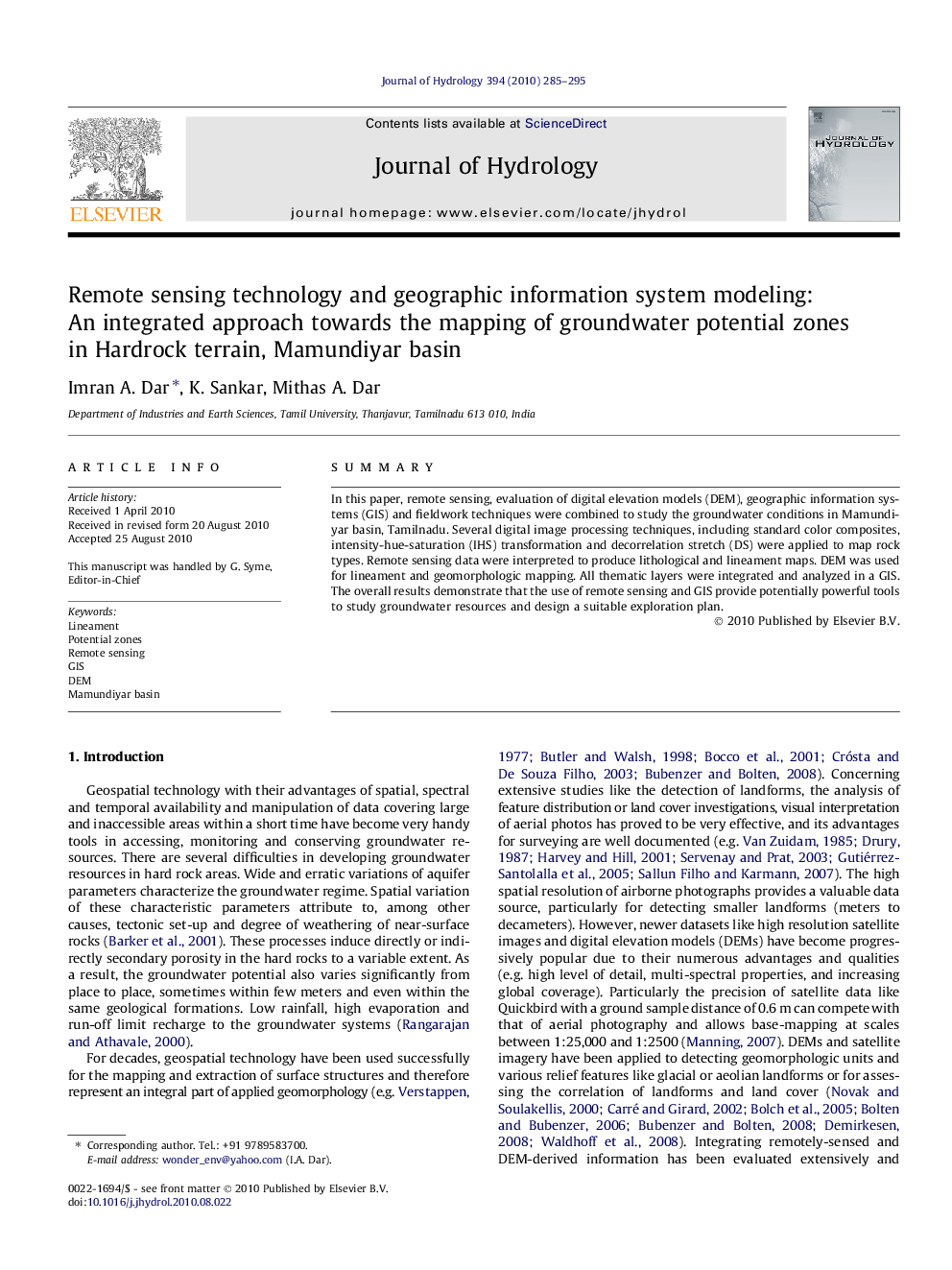 Remote sensing technology and geographic information system modeling: An integrated approach towards the mapping of groundwater potential zones in Hardrock terrain, Mamundiyar basin