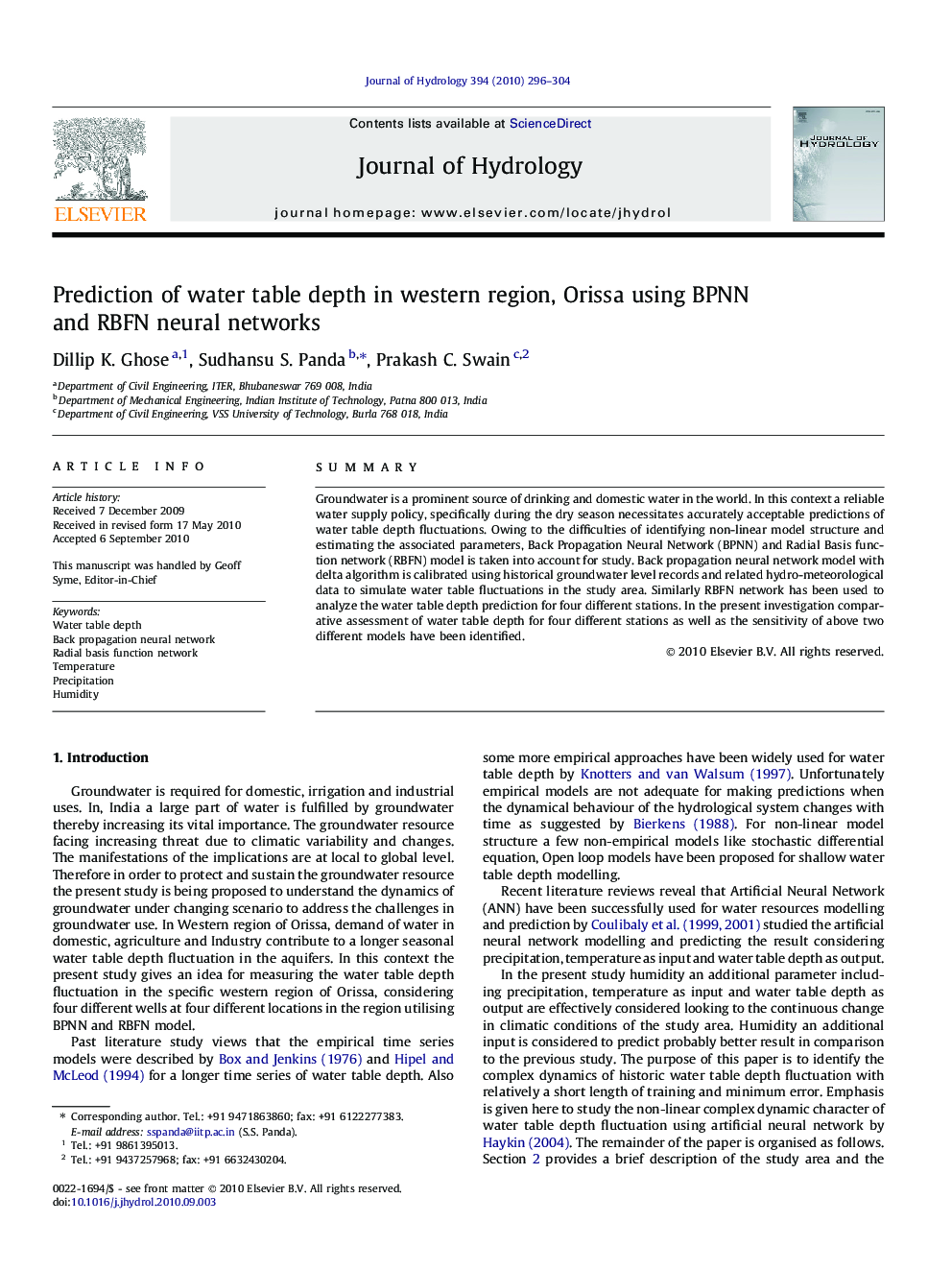 Prediction of water table depth in western region, Orissa using BPNN and RBFN neural networks