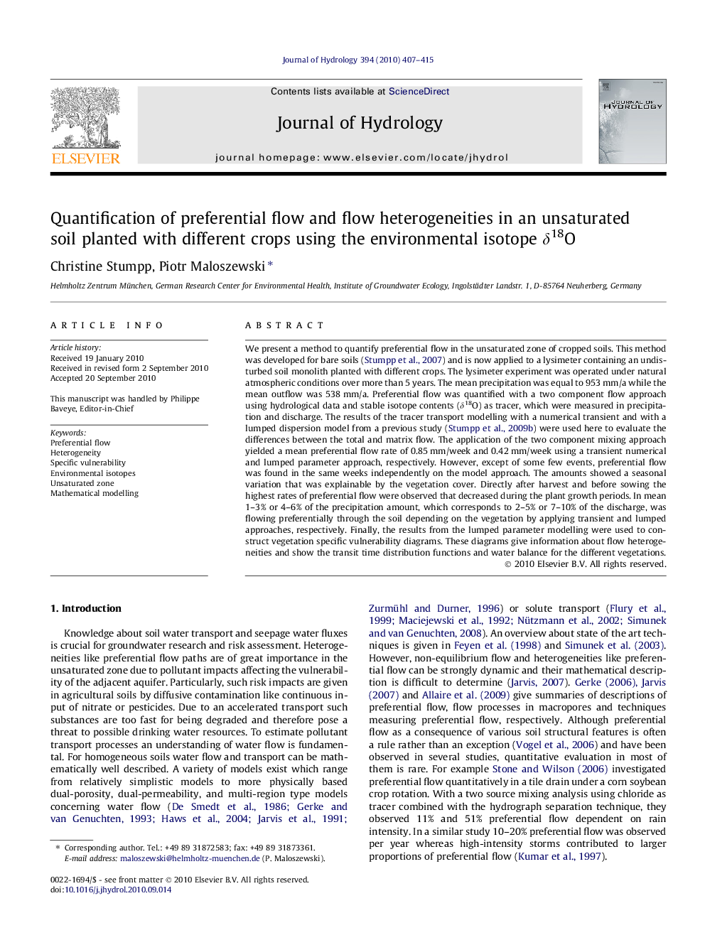 Quantification of preferential flow and flow heterogeneities in an unsaturated soil planted with different crops using the environmental isotope δ18O