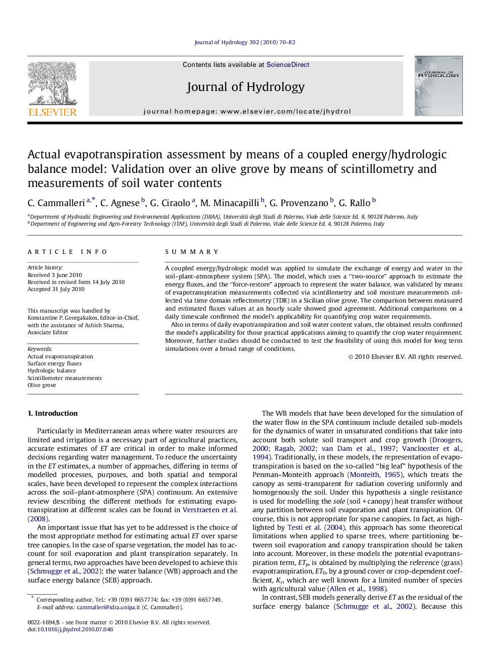 Actual evapotranspiration assessment by means of a coupled energy/hydrologic balance model: Validation over an olive grove by means of scintillometry and measurements of soil water contents