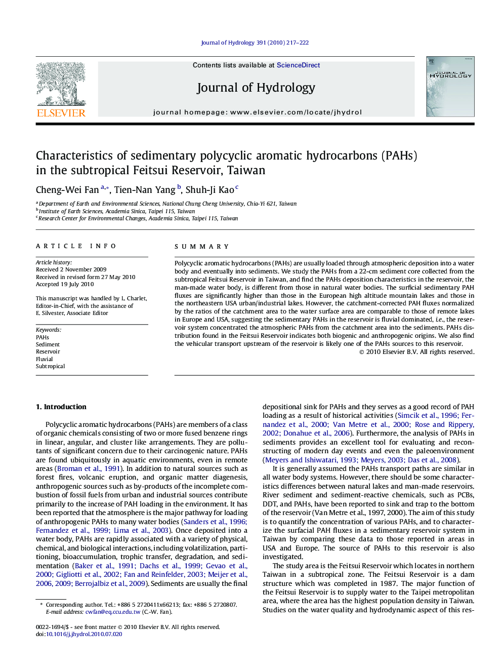 Characteristics of sedimentary polycyclic aromatic hydrocarbons (PAHs) in the subtropical Feitsui Reservoir, Taiwan