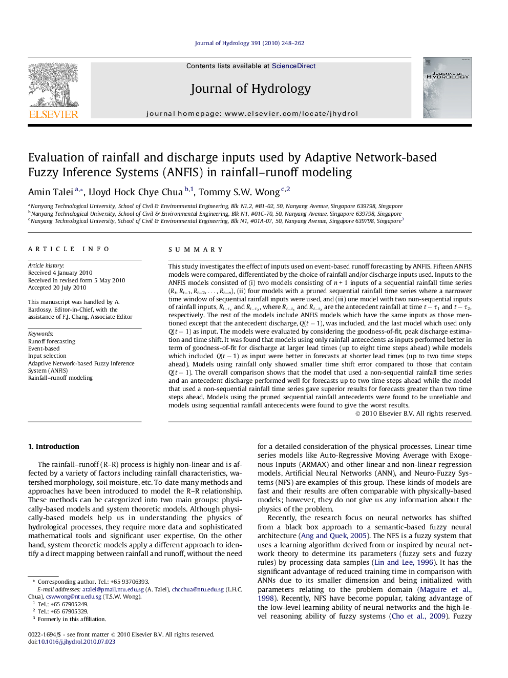 Evaluation of rainfall and discharge inputs used by Adaptive Network-based Fuzzy Inference Systems (ANFIS) in rainfall–runoff modeling