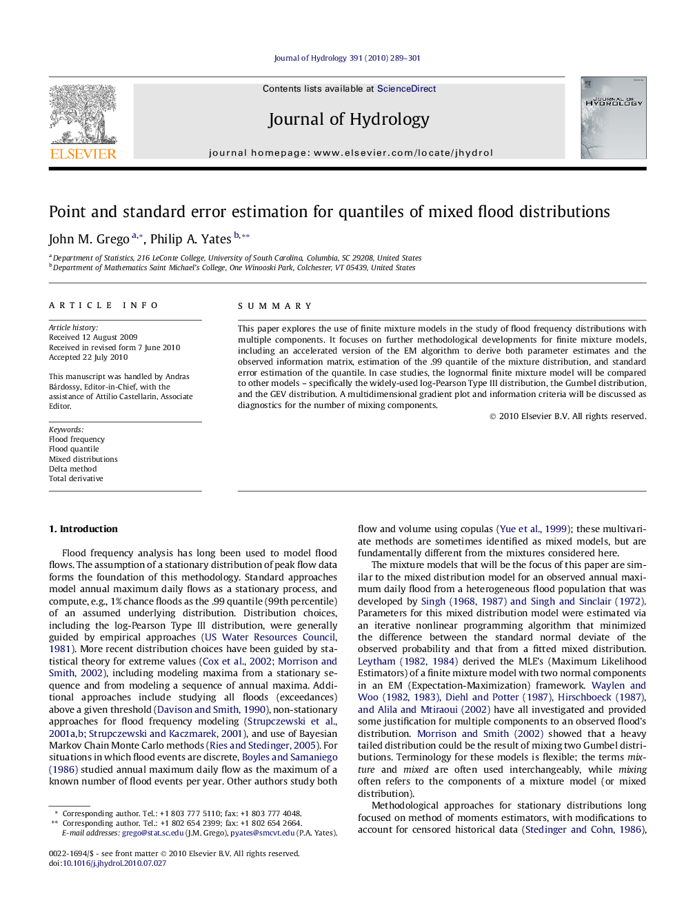 Point and standard error estimation for quantiles of mixed flood distributions