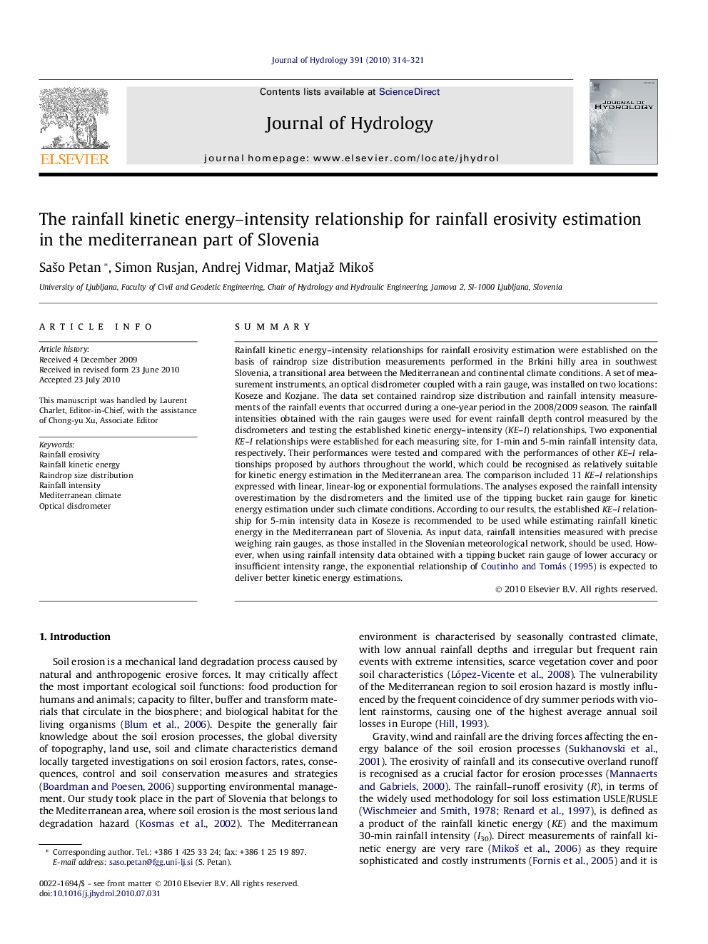 The rainfall kinetic energy–intensity relationship for rainfall erosivity estimation in the mediterranean part of Slovenia