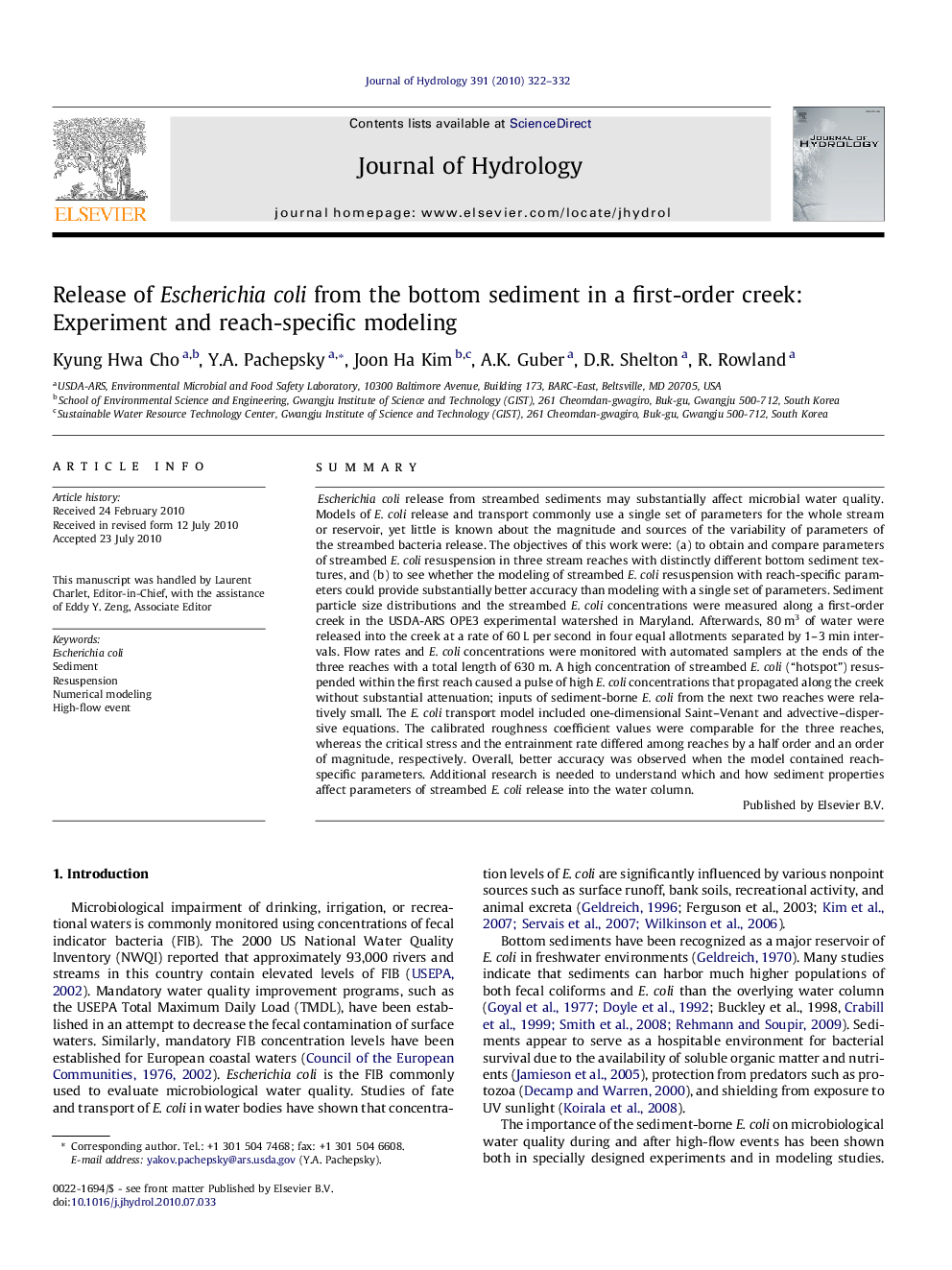 Release of Escherichia coli from the bottom sediment in a first-order creek: Experiment and reach-specific modeling