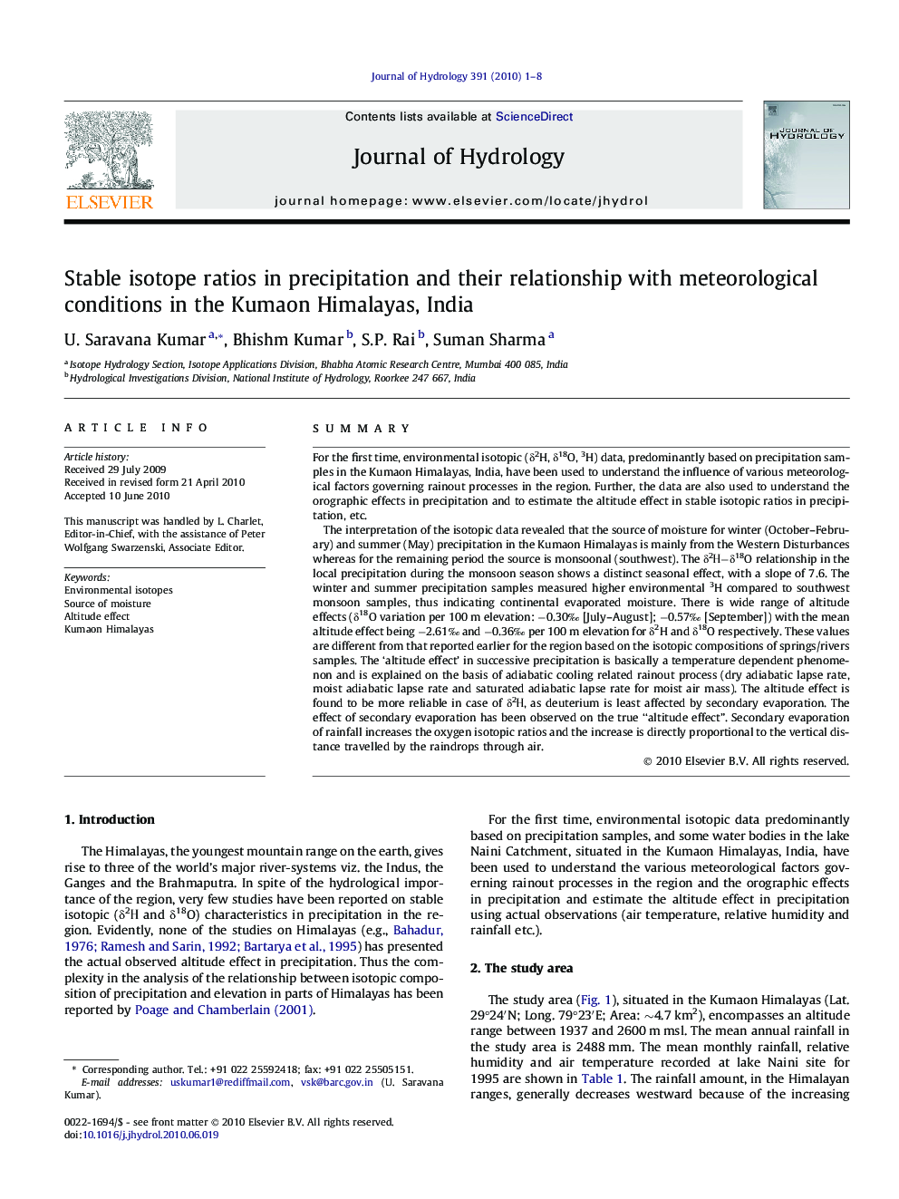 Stable isotope ratios in precipitation and their relationship with meteorological conditions in the Kumaon Himalayas, India