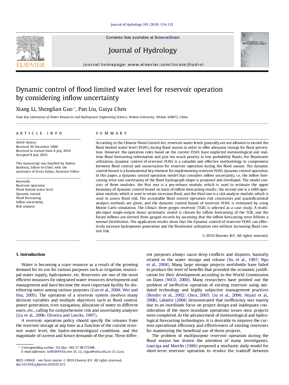 Dynamic control of flood limited water level for reservoir operation by considering inflow uncertainty