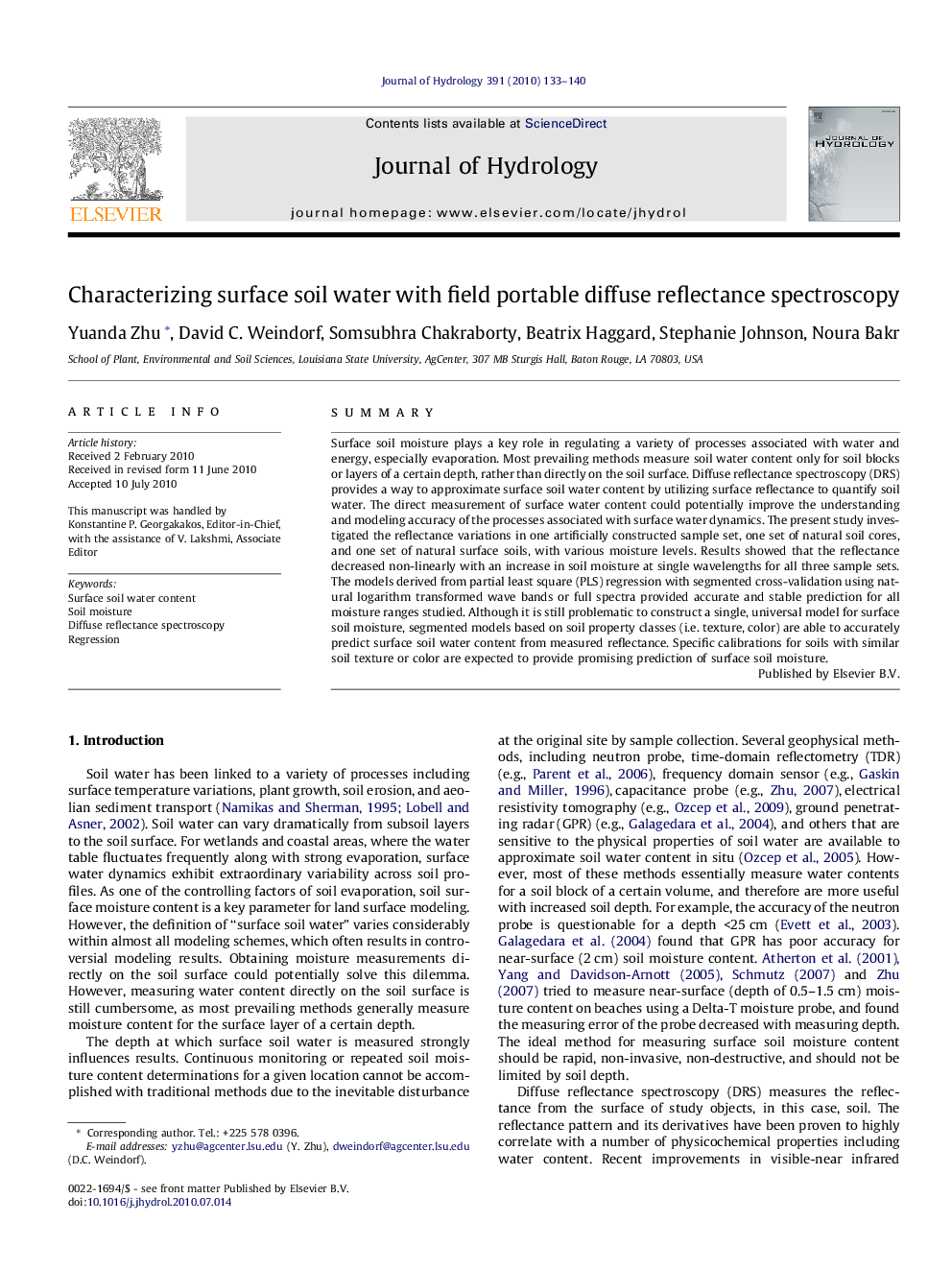 Characterizing surface soil water with field portable diffuse reflectance spectroscopy