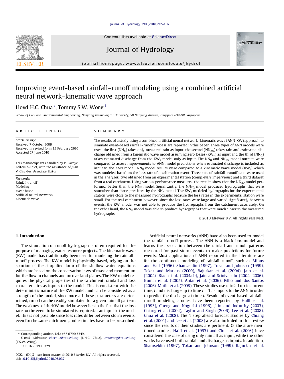 Improving event-based rainfall–runoff modeling using a combined artificial neural network–kinematic wave approach