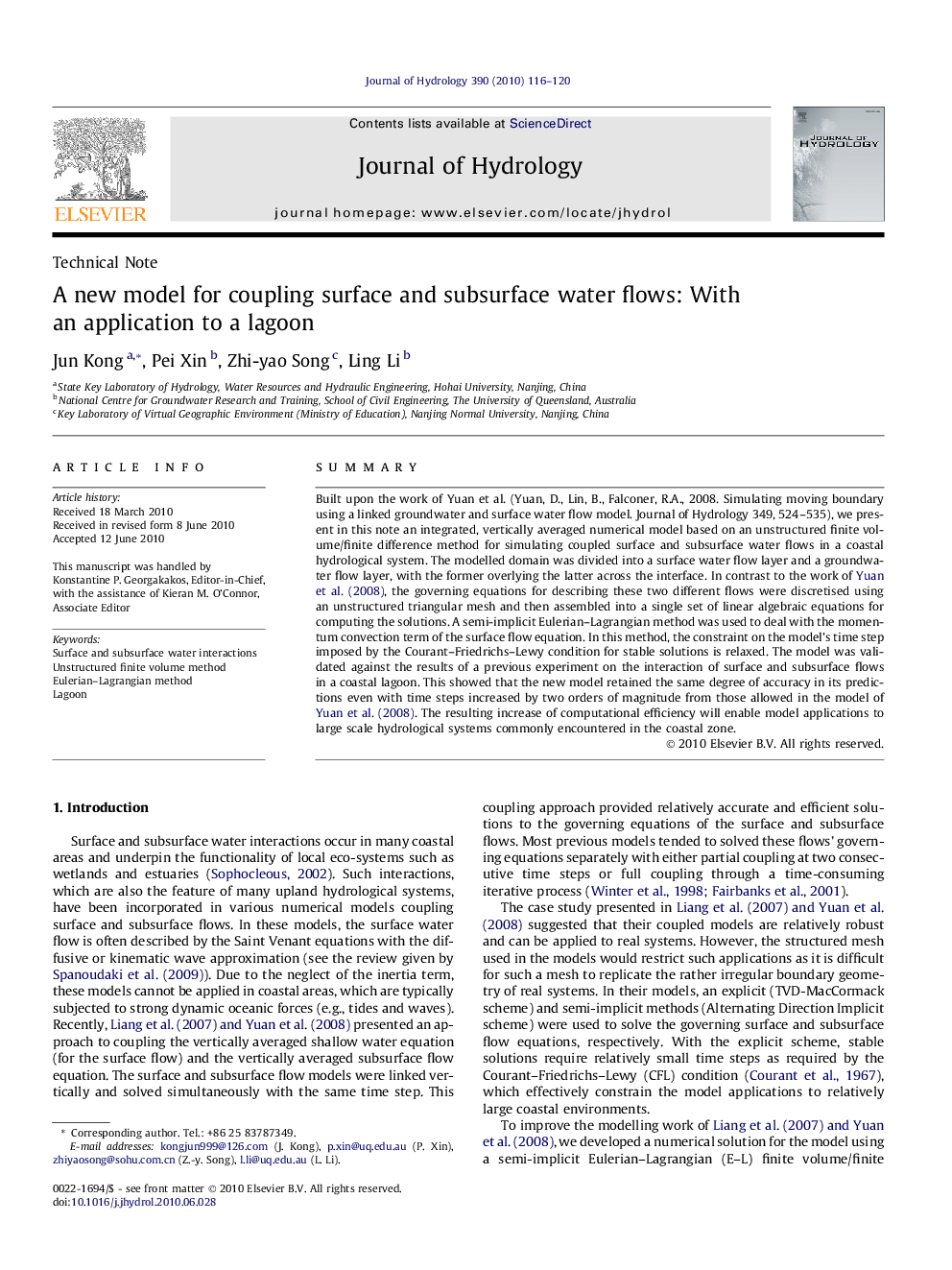 A new model for coupling surface and subsurface water flows: With an application to a lagoon