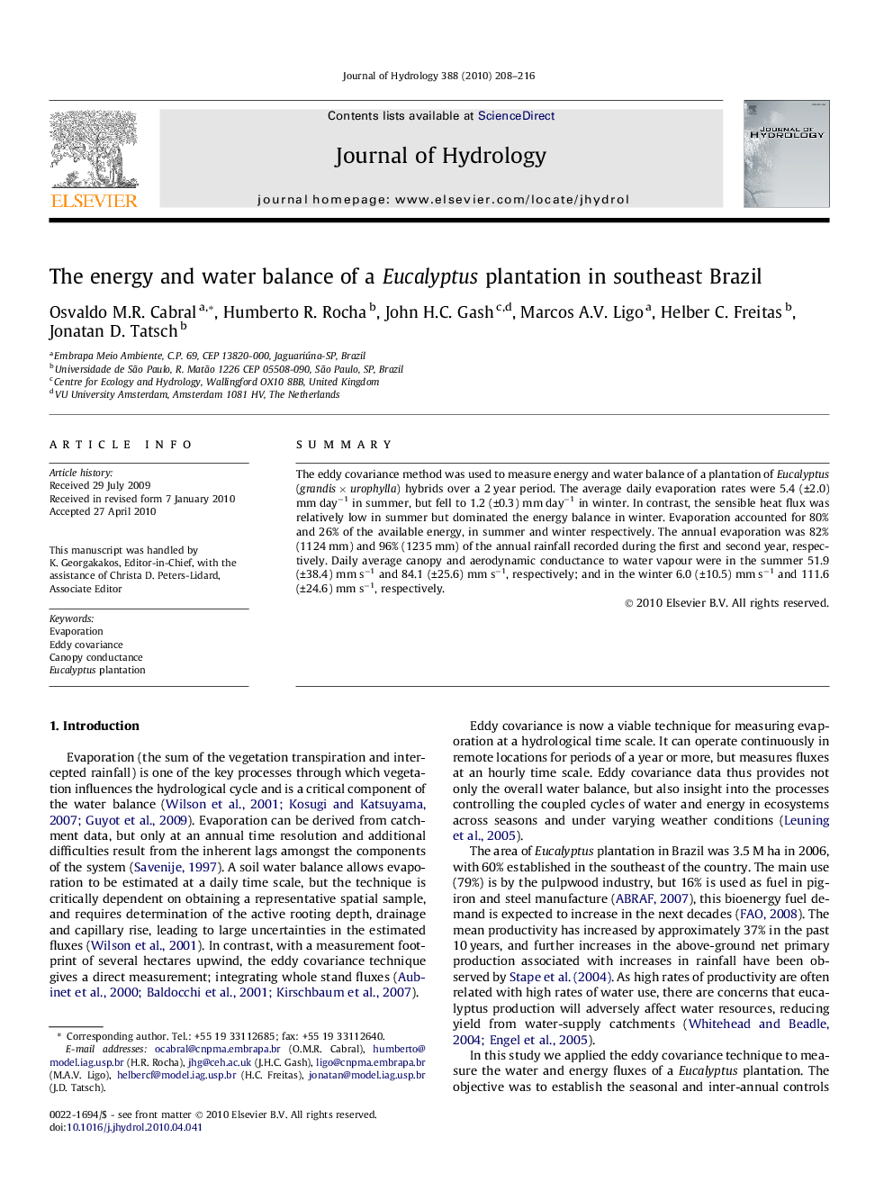 The energy and water balance of a Eucalyptus plantation in southeast Brazil