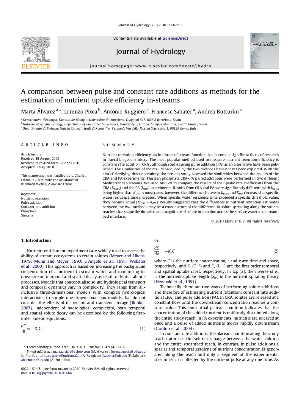 A comparison between pulse and constant rate additions as methods for the estimation of nutrient uptake efficiency in-streams