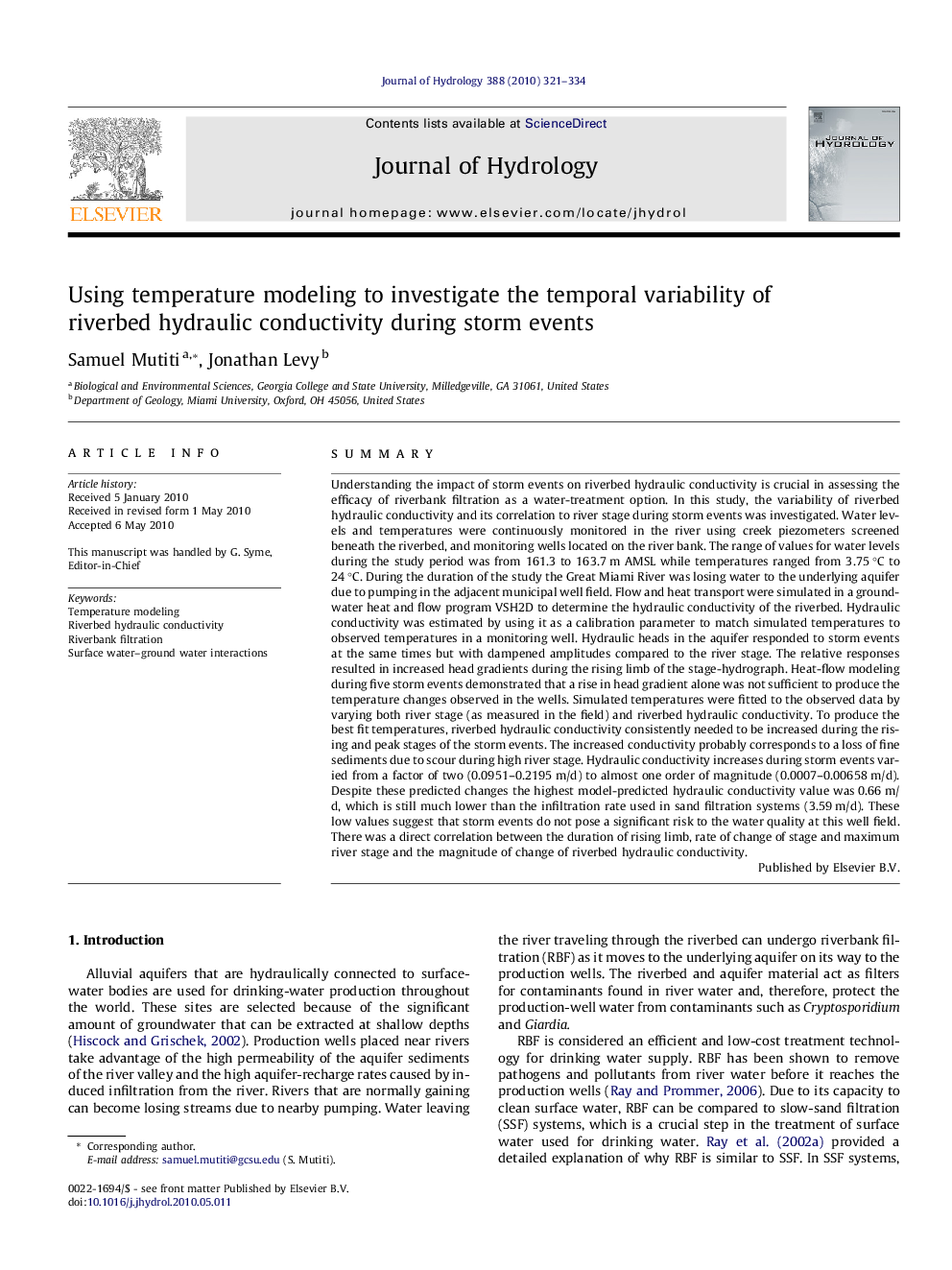 Using temperature modeling to investigate the temporal variability of riverbed hydraulic conductivity during storm events