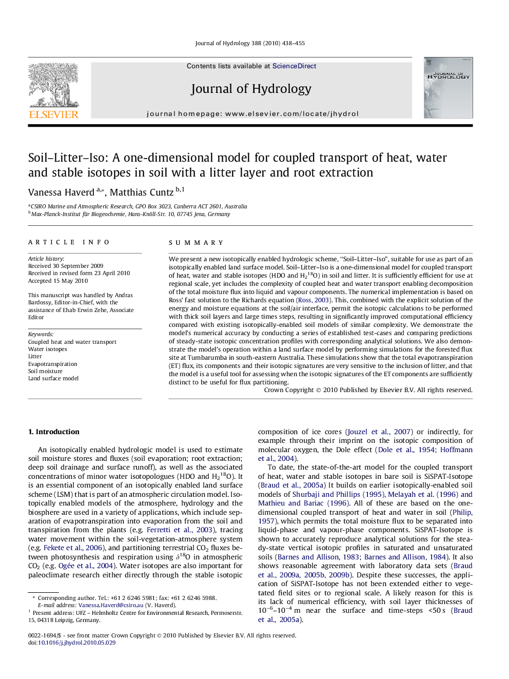 Soil–Litter–Iso: A one-dimensional model for coupled transport of heat, water and stable isotopes in soil with a litter layer and root extraction