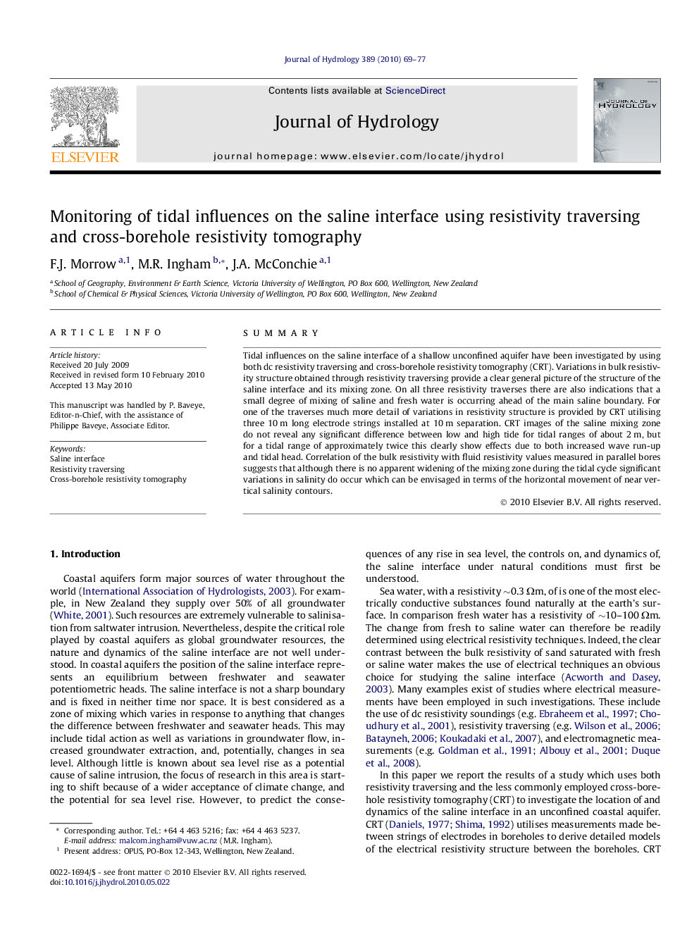 Monitoring of tidal influences on the saline interface using resistivity traversing and cross-borehole resistivity tomography