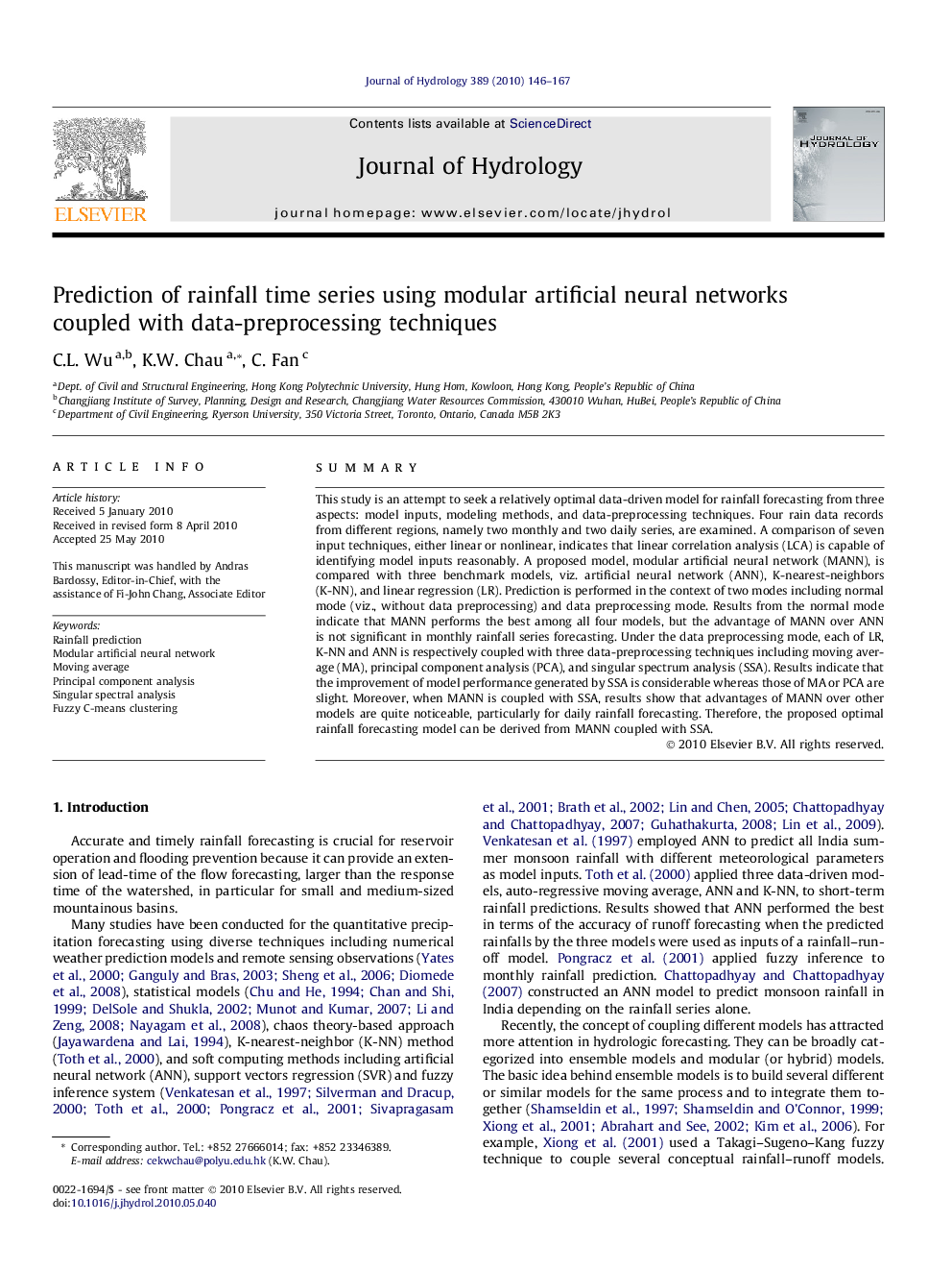 Prediction of rainfall time series using modular artificial neural networks coupled with data-preprocessing techniques