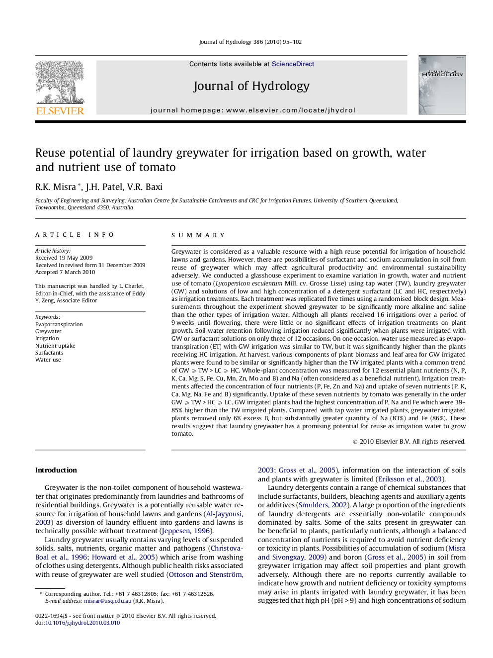 عکس صفحه اول مقاله: Reuse potential of laundry greywater for irrigation based on growth, water and nutrient use of tomato Reuse potential of laundry greywater for irrigation based on growth, water and nutrient use of tomato