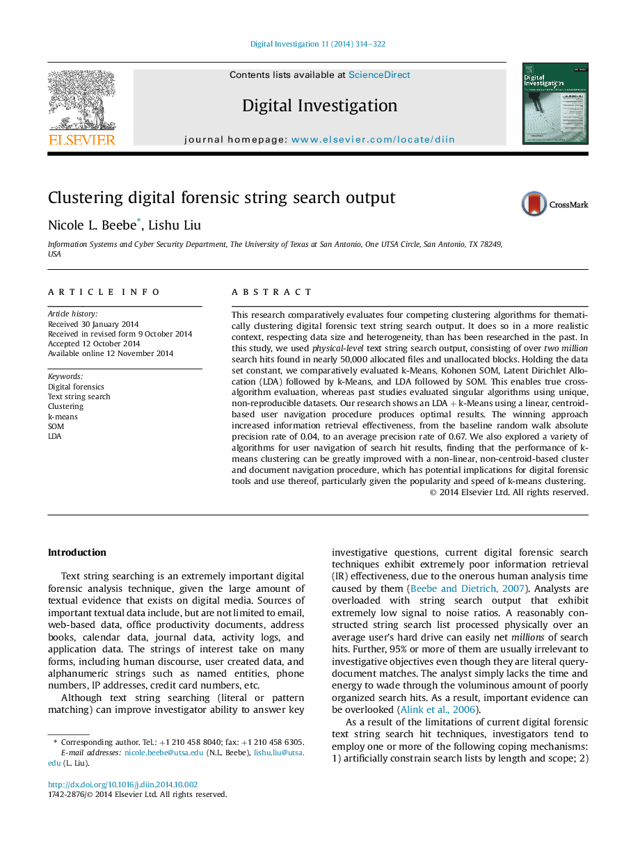 Clustering digital forensic string search output