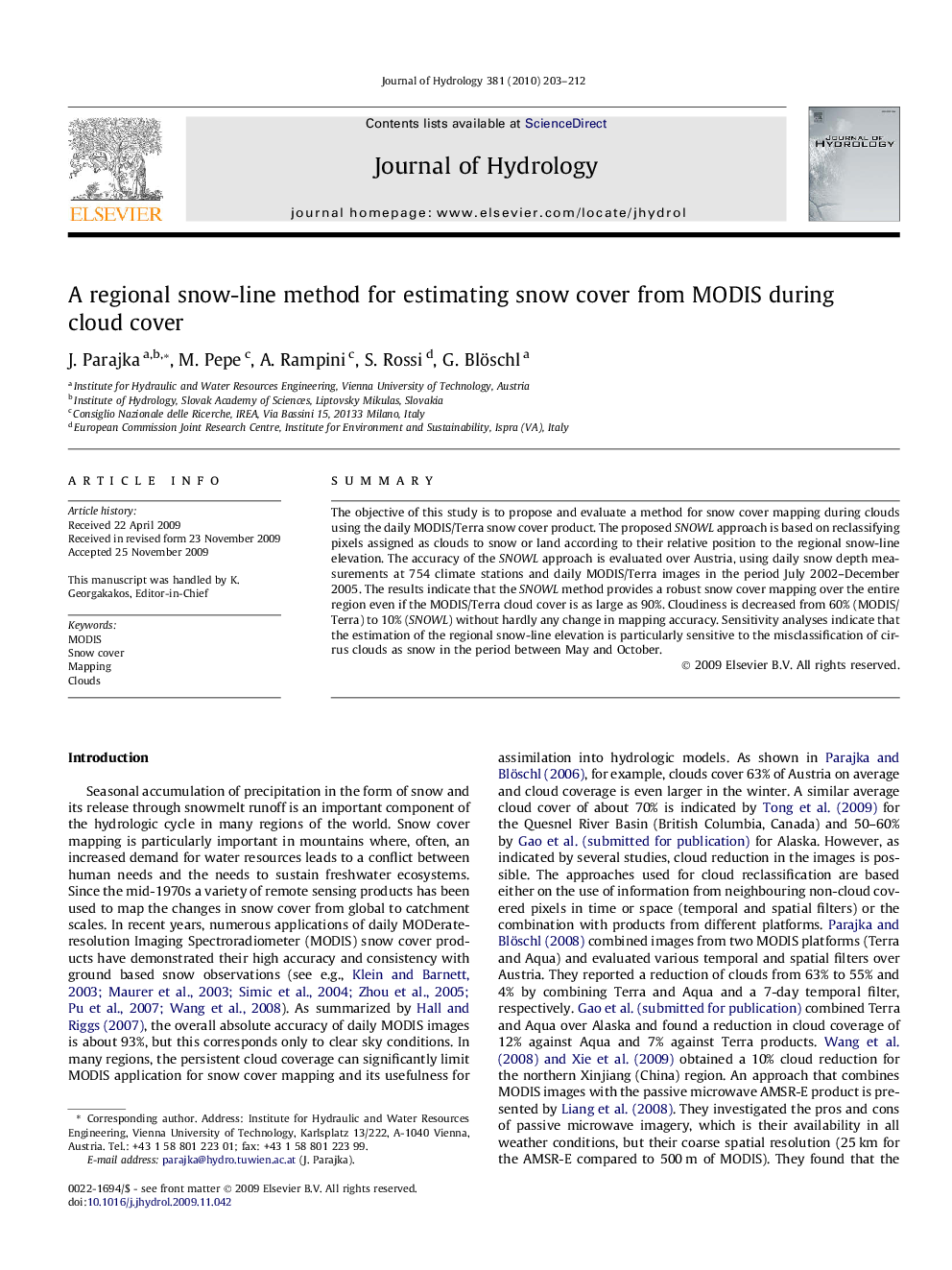 A regional snow-line method for estimating snow cover from MODIS during cloud cover