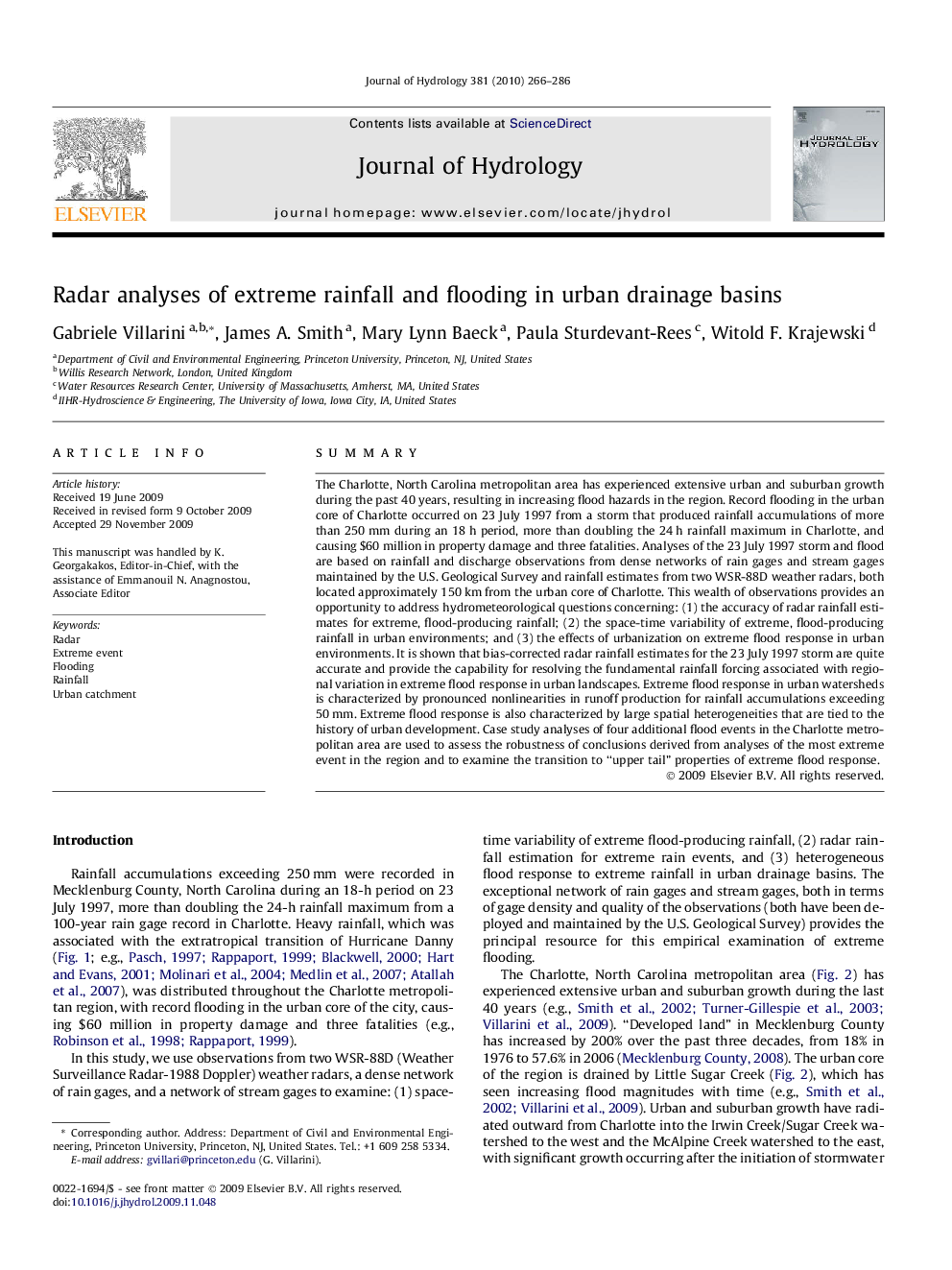 Radar analyses of extreme rainfall and flooding in urban drainage basins