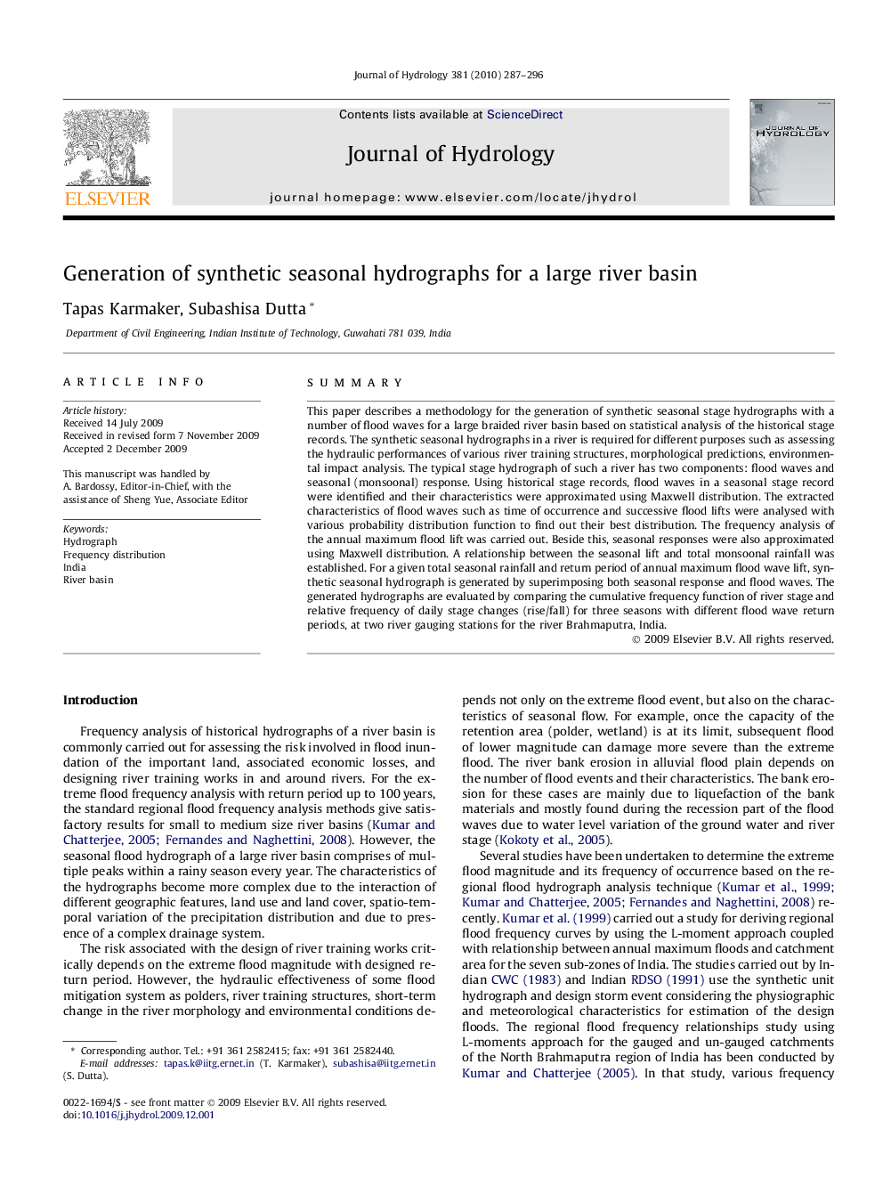 Generation of synthetic seasonal hydrographs for a large river basin