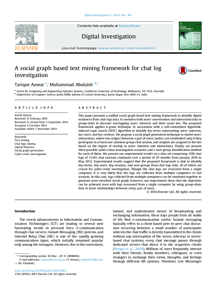 A social graph based text mining framework for chat log investigation