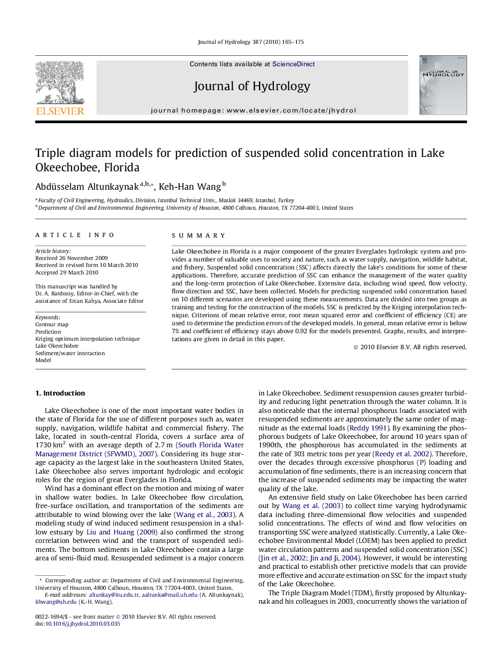 Triple diagram models for prediction of suspended solid concentration in Lake Okeechobee, Florida