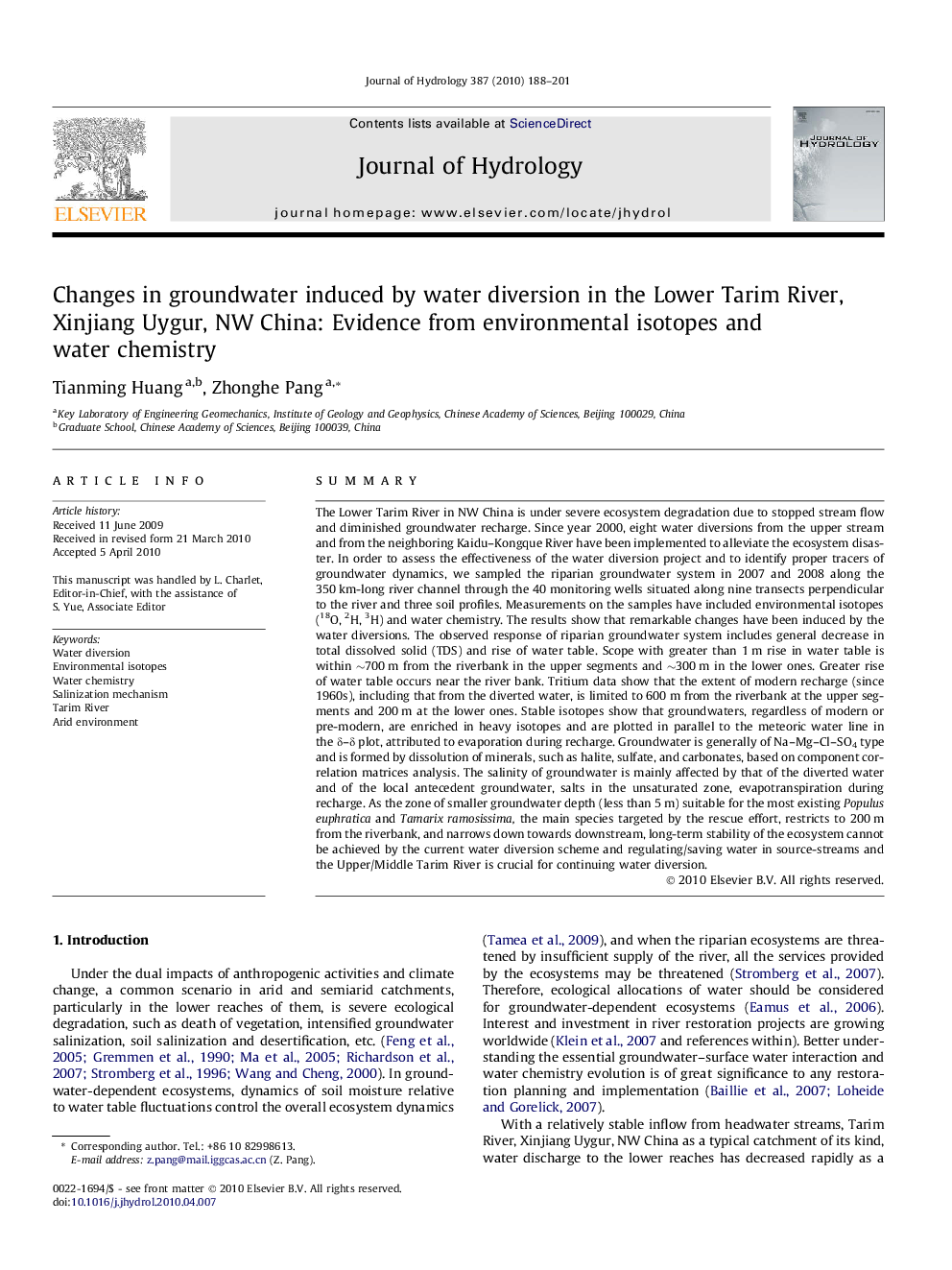 Changes in groundwater induced by water diversion in the Lower Tarim River, Xinjiang Uygur, NW China: Evidence from environmental isotopes and water chemistry