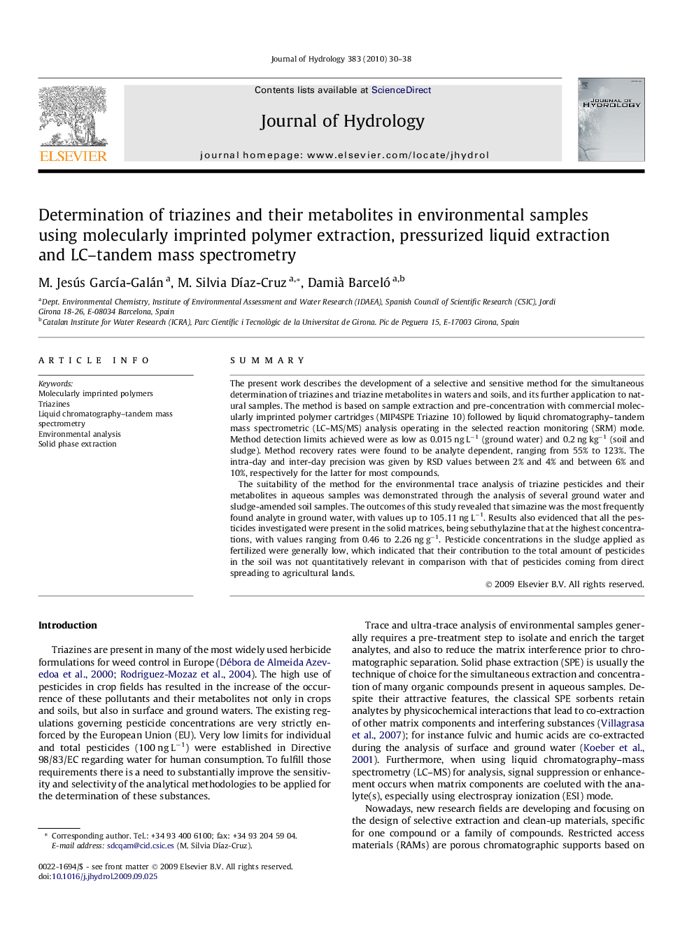 Determination of triazines and their metabolites in environmental samples using molecularly imprinted polymer extraction, pressurized liquid extraction and LC–tandem mass spectrometry