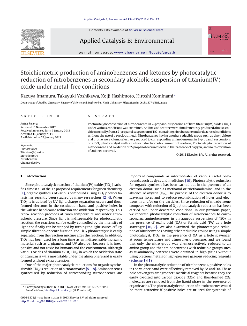 Stoichiometric production of aminobenzenes and ketones by photocatalytic reduction of nitrobenzenes in secondary alcoholic suspension of titanium(IV) oxide under metal-free conditions