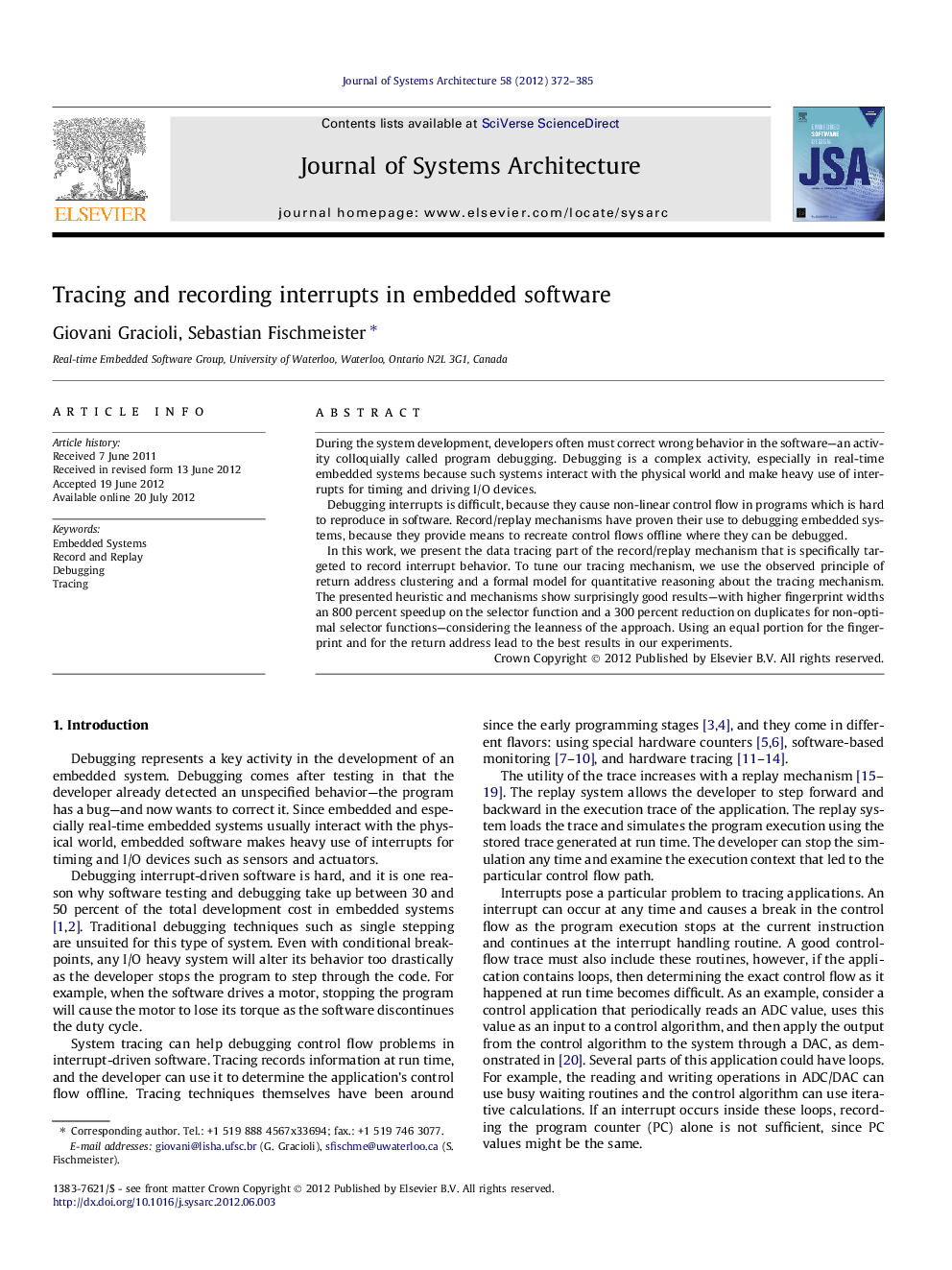 Tracing and recording interrupts in embedded software